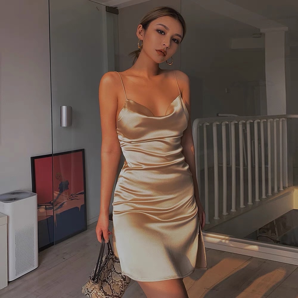 Silky champagne going out backless mini dress